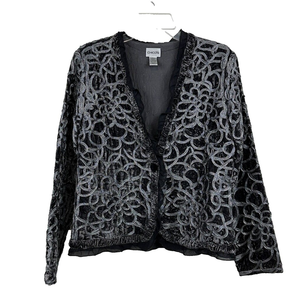 Chico's Velvet Silver Cord Ruffled Jacket sz 1 or M Dark Grey Boho Retro V Neck